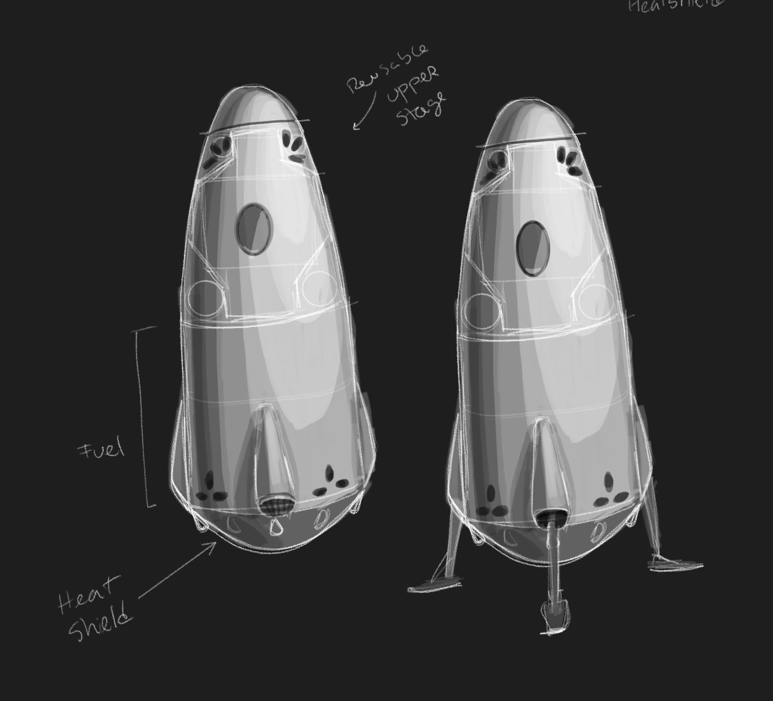 Two capsule sketches annotated with the heat shield, the fuel tank and the landing legs