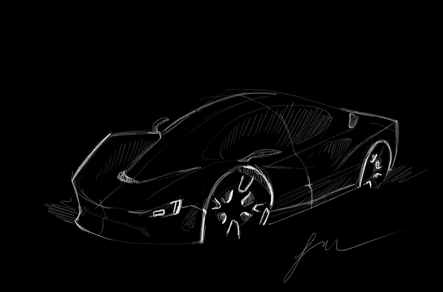 White-line sketch of a supercar on black, three-quarter front view