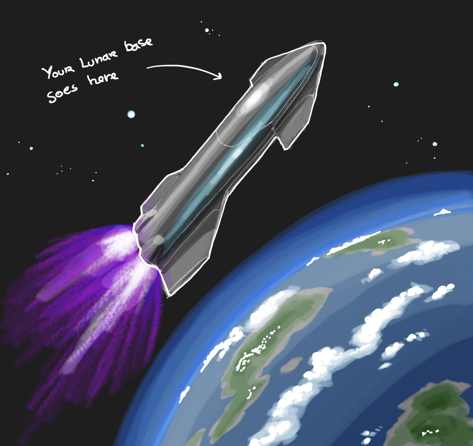 Illustration of a Starship climbing away from Earth, labelled “your lunar base goes here”