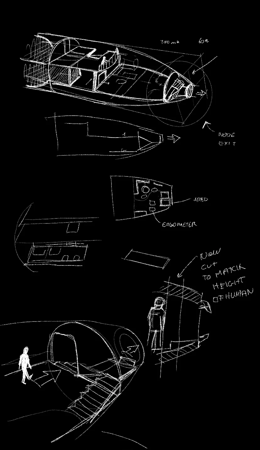 White-line sketches of the interior of a horizontal lunar base, with figures for scale