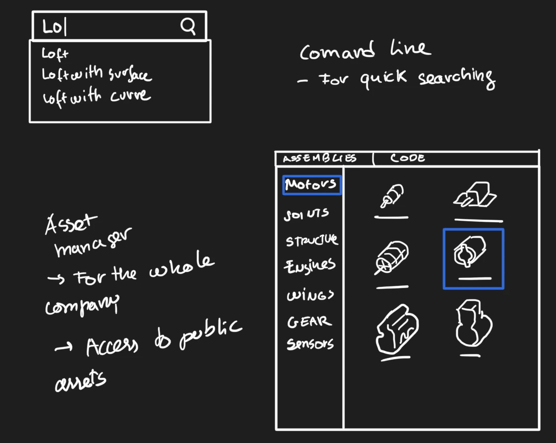 Notes for a command-line search and a palette of motors, joints, engines and sensors