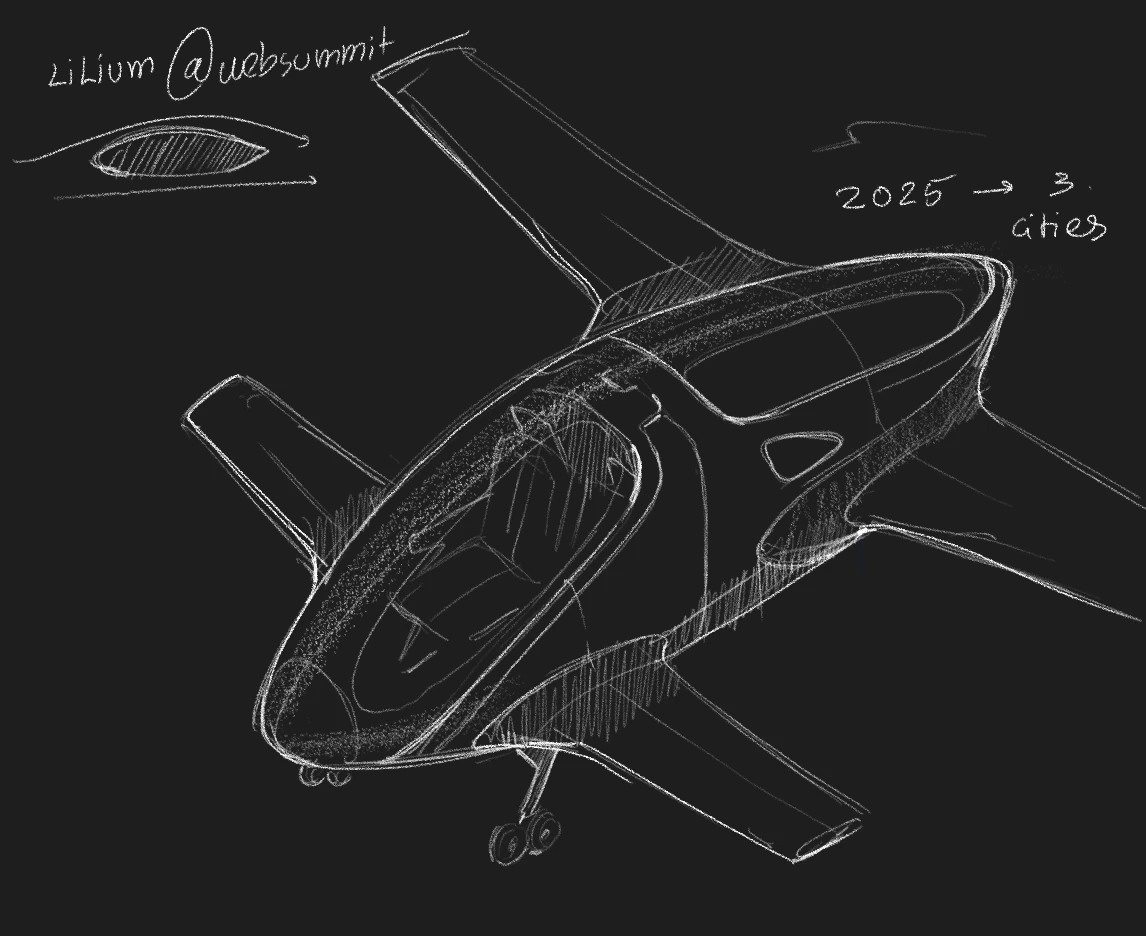 Sketch of the Lilium jet drawn at Web Summit, annotated “2025, 3 cities”