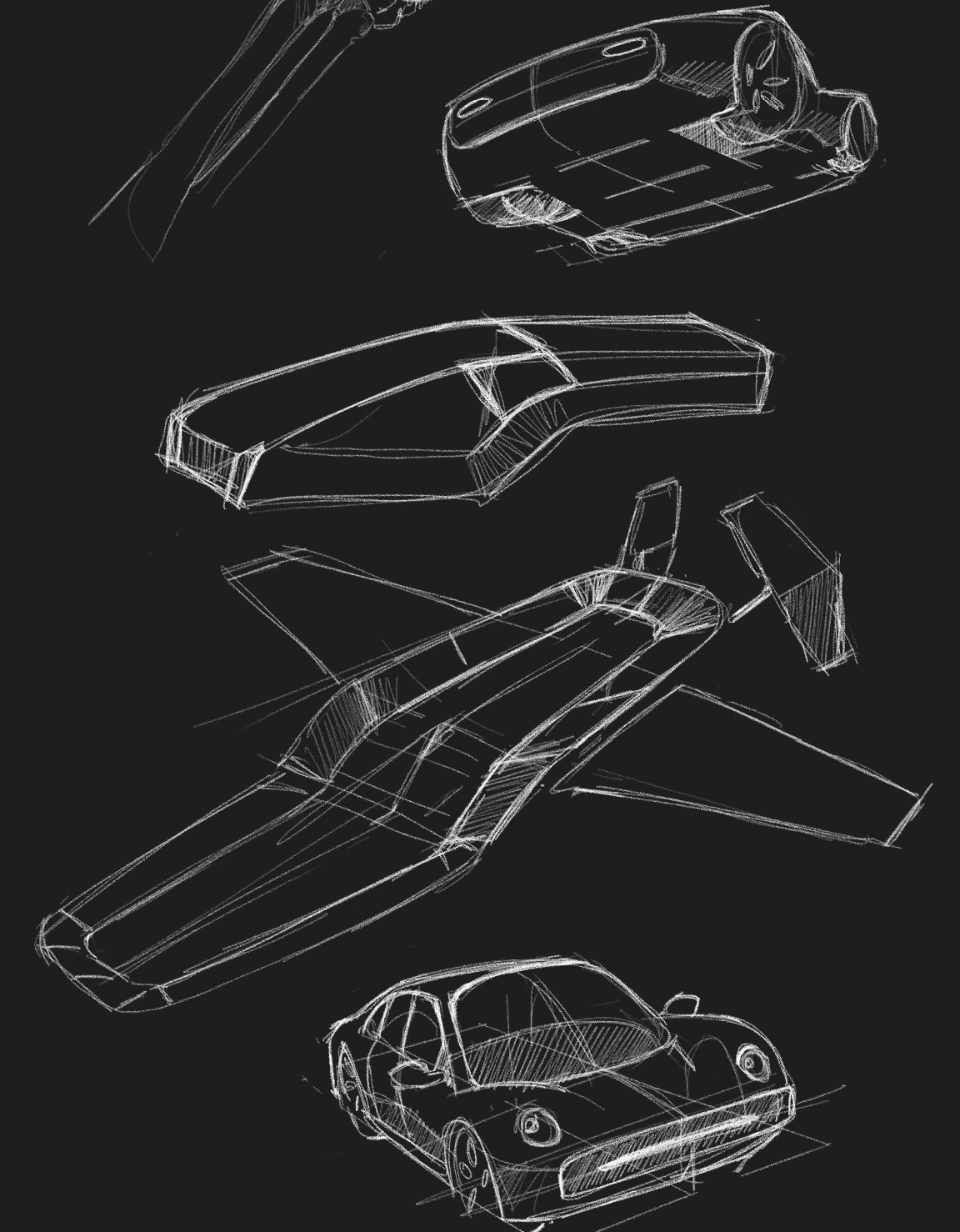 White-line sketches of vehicles in three-quarter view: a pod, a long body, a winged fuselage and a coupé
