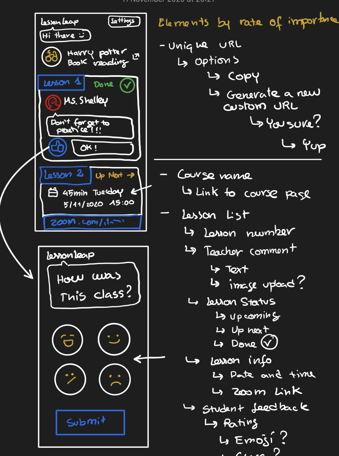 Wireframes of a lesson list and a “how was this class?” feedback prompt