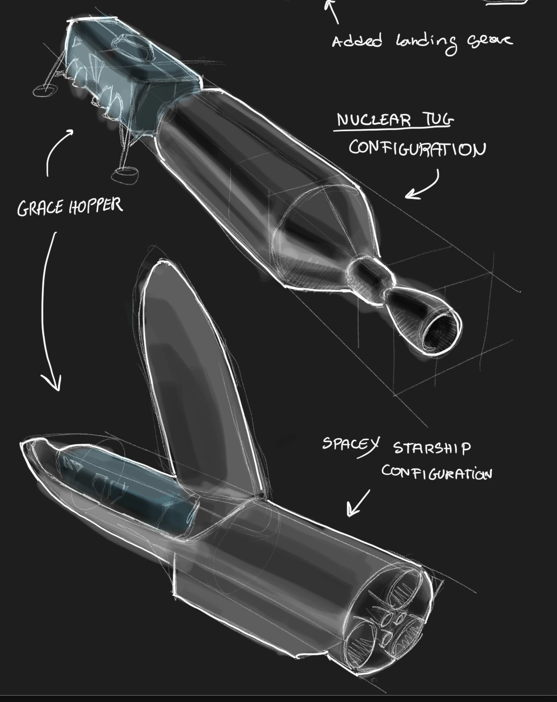 Sketch comparing a nuclear tug configuration with a SpaceX Starship configuration