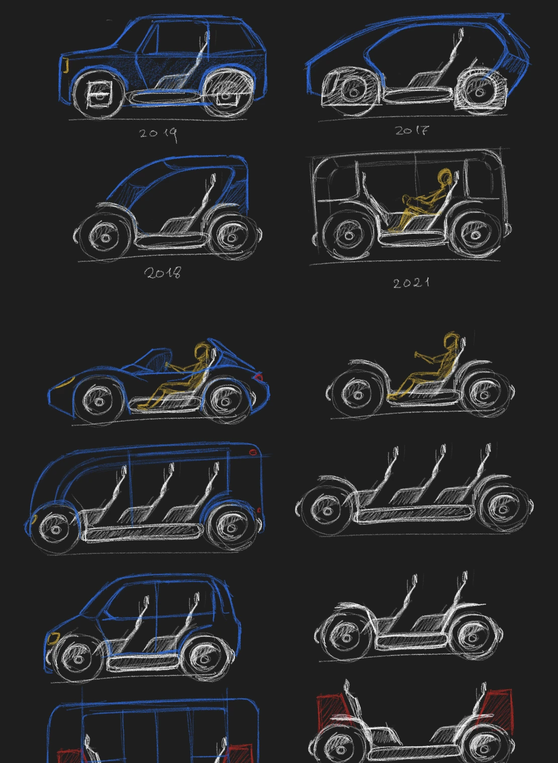 Grid of side-view sketches of small vehicles on the same wheeled base, four of them dated 2017, 2018, 2019 and 2021