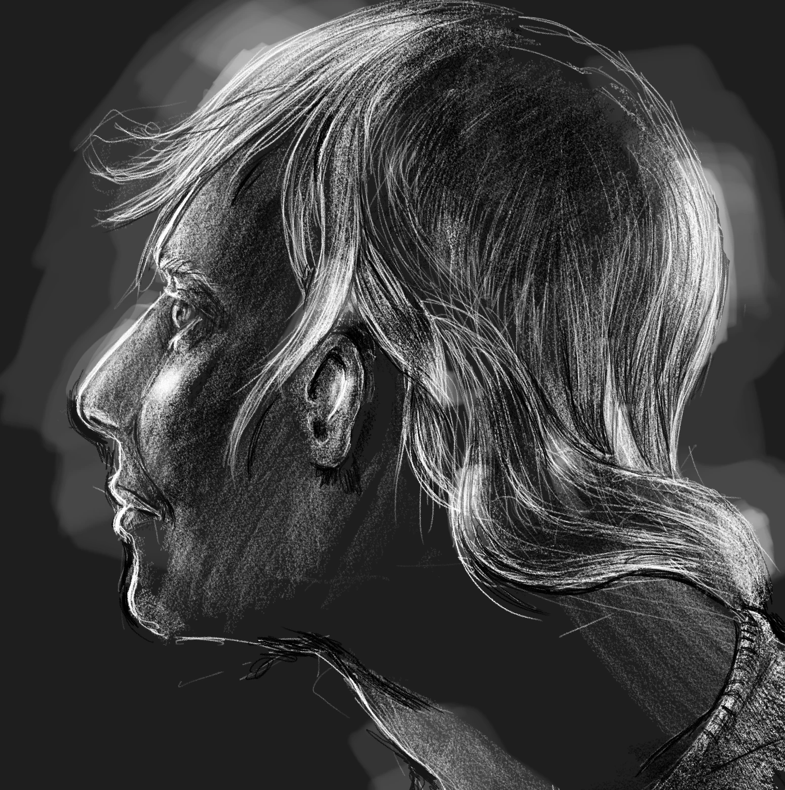 Painted portrait of a person in profile, in black and white