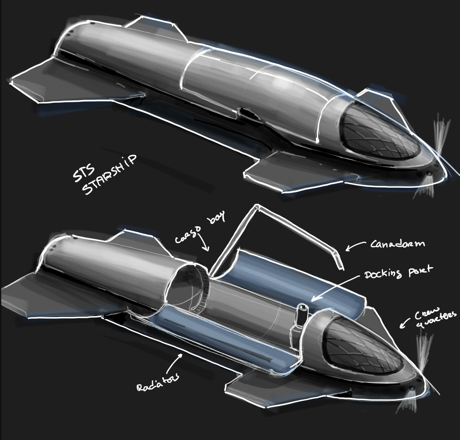 Sketch of a Shuttle-style Starship with a cargo bay, docking port and robotic arm