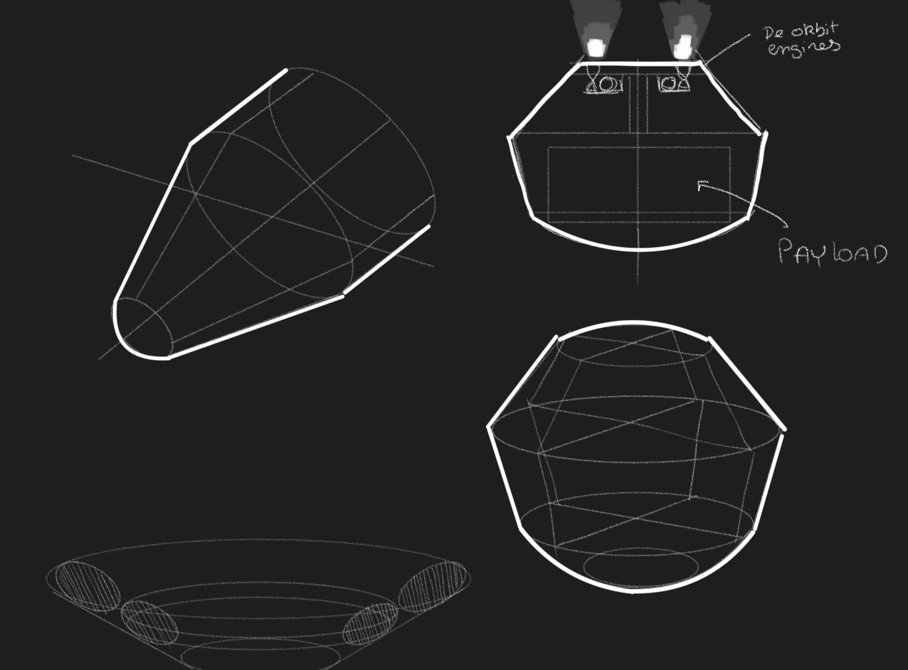 Wireframes of a re-entry vehicle with de-orbit engines, in three views