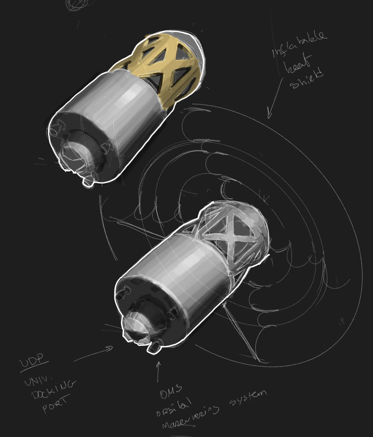 Sketch of two docking modules with an inflatable heat shield and a docking port