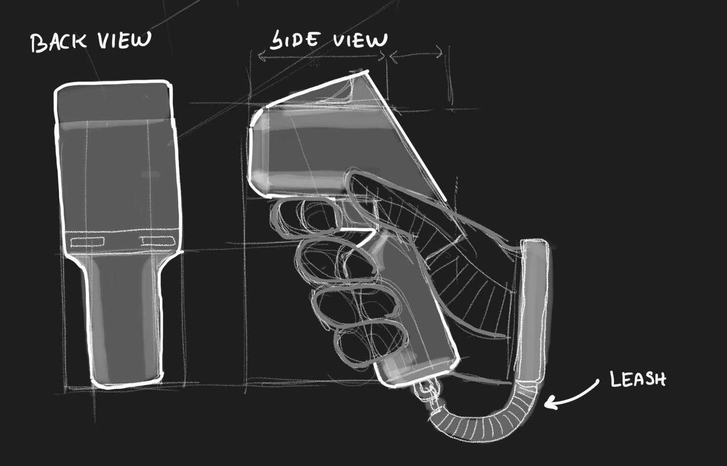 Sketches of a handheld device in back and side view, held in a gloved hand with a leash