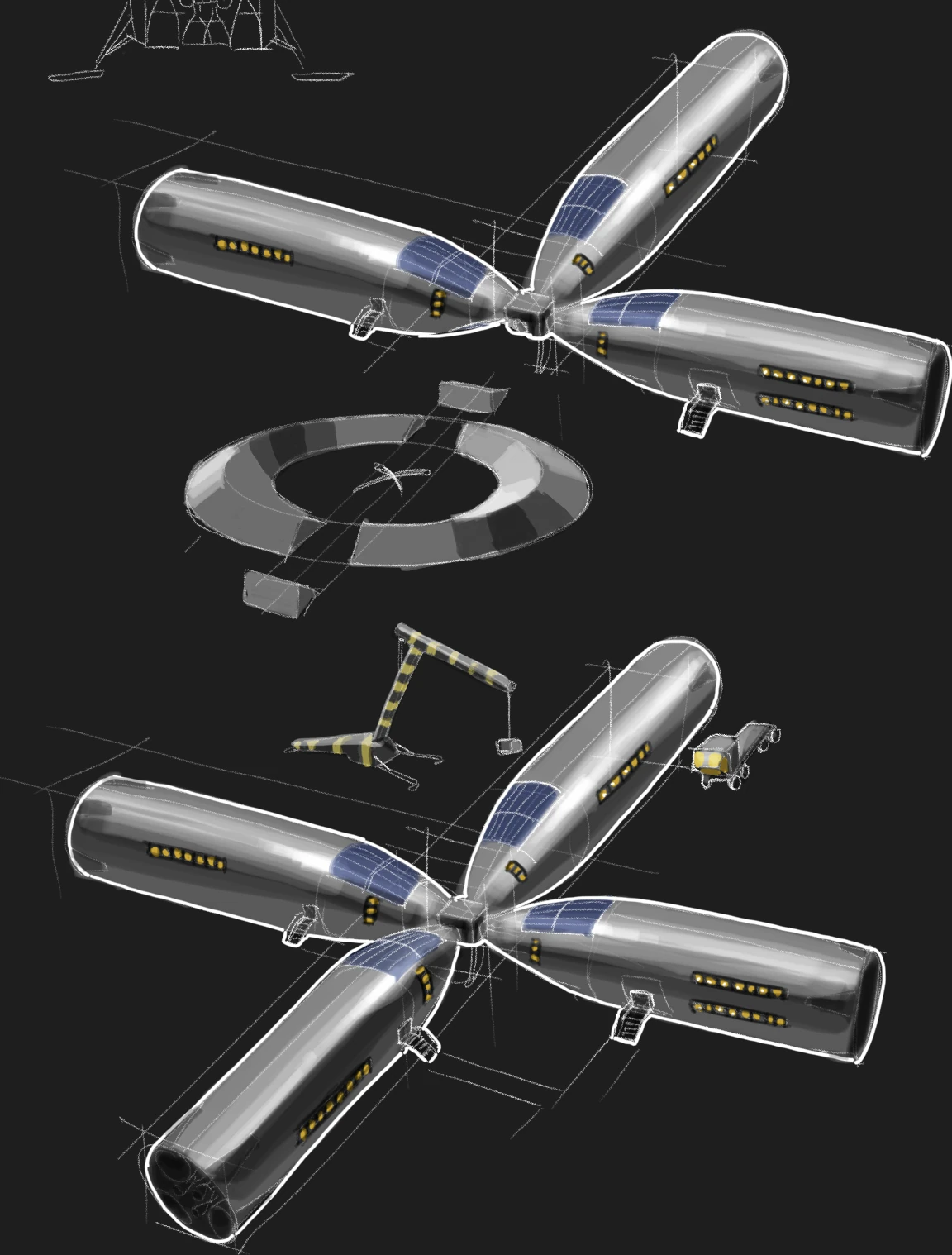 Sketch of four horizontal Starship hulls joined at a central hub, drawn twice, with a ring, a crane and a rover between them