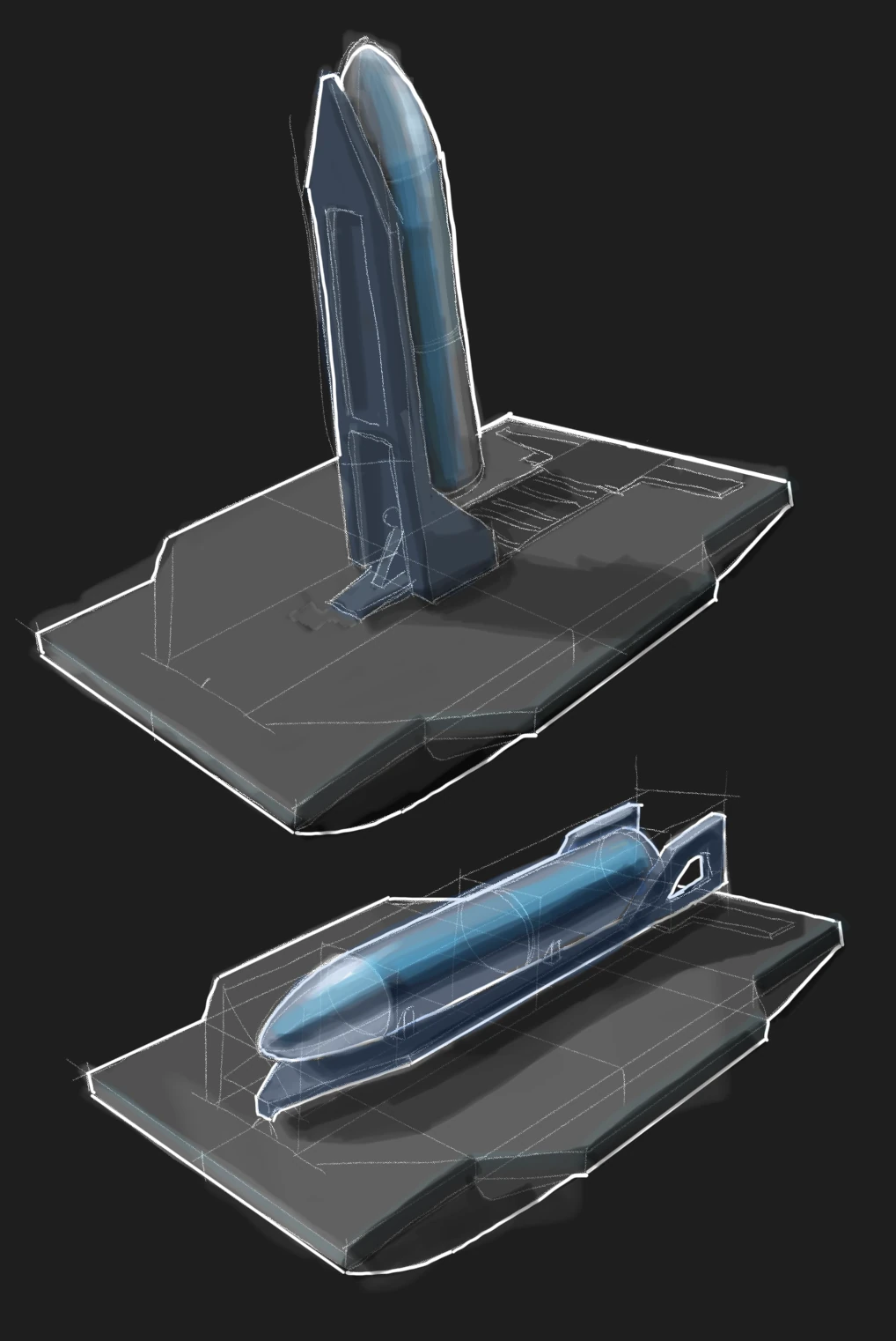 Sketch of a Starship standing on a pad and lying horizontally in a cradle