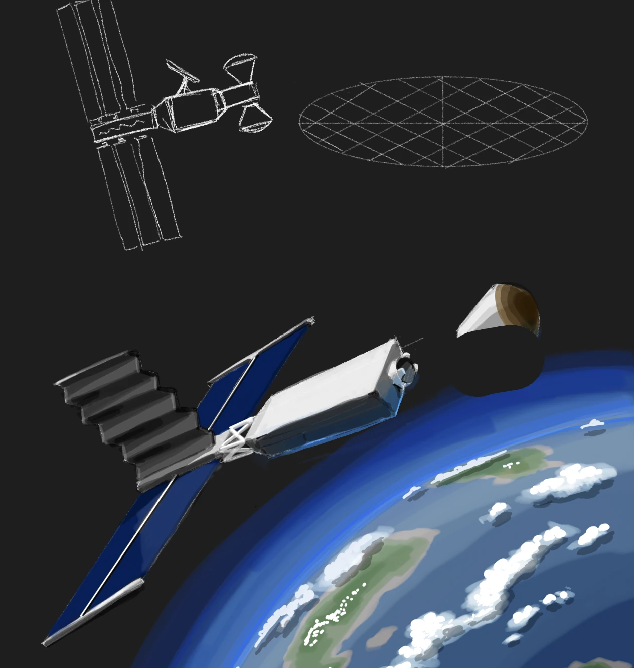 Illustration of a spacecraft with solar arrays and radiators above Earth, a capsule beside it, and line sketches of a station and a gridded disc