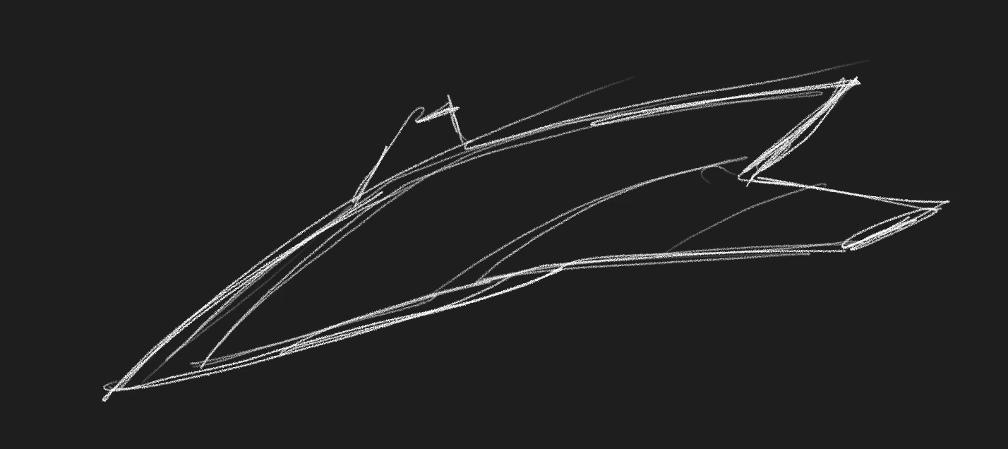 White-line sketch of a delta-winged aircraft