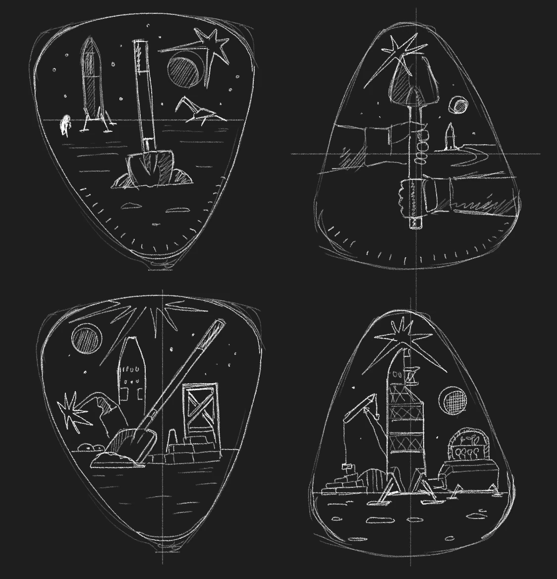 Four small illustrations of lunar surface scenes, drawn inside plectrum shapes