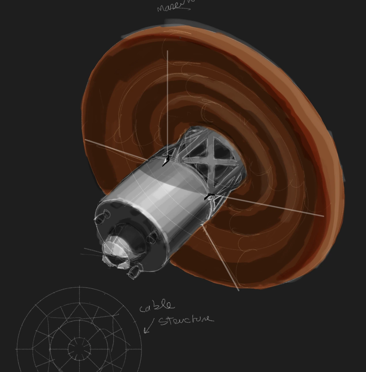 Painted sketch of a module with a large copper-coloured disc deployed behind it, and a line sketch of the disc's cable structure