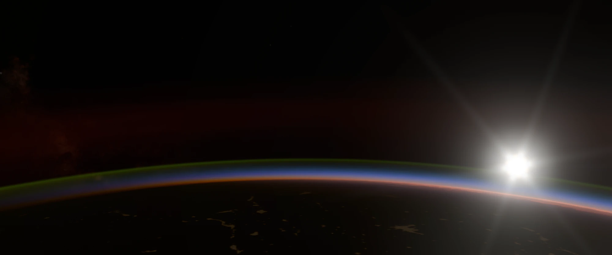 A render of the Sun rising over the Earth's limb, seen from orbit, with city lights on the night side