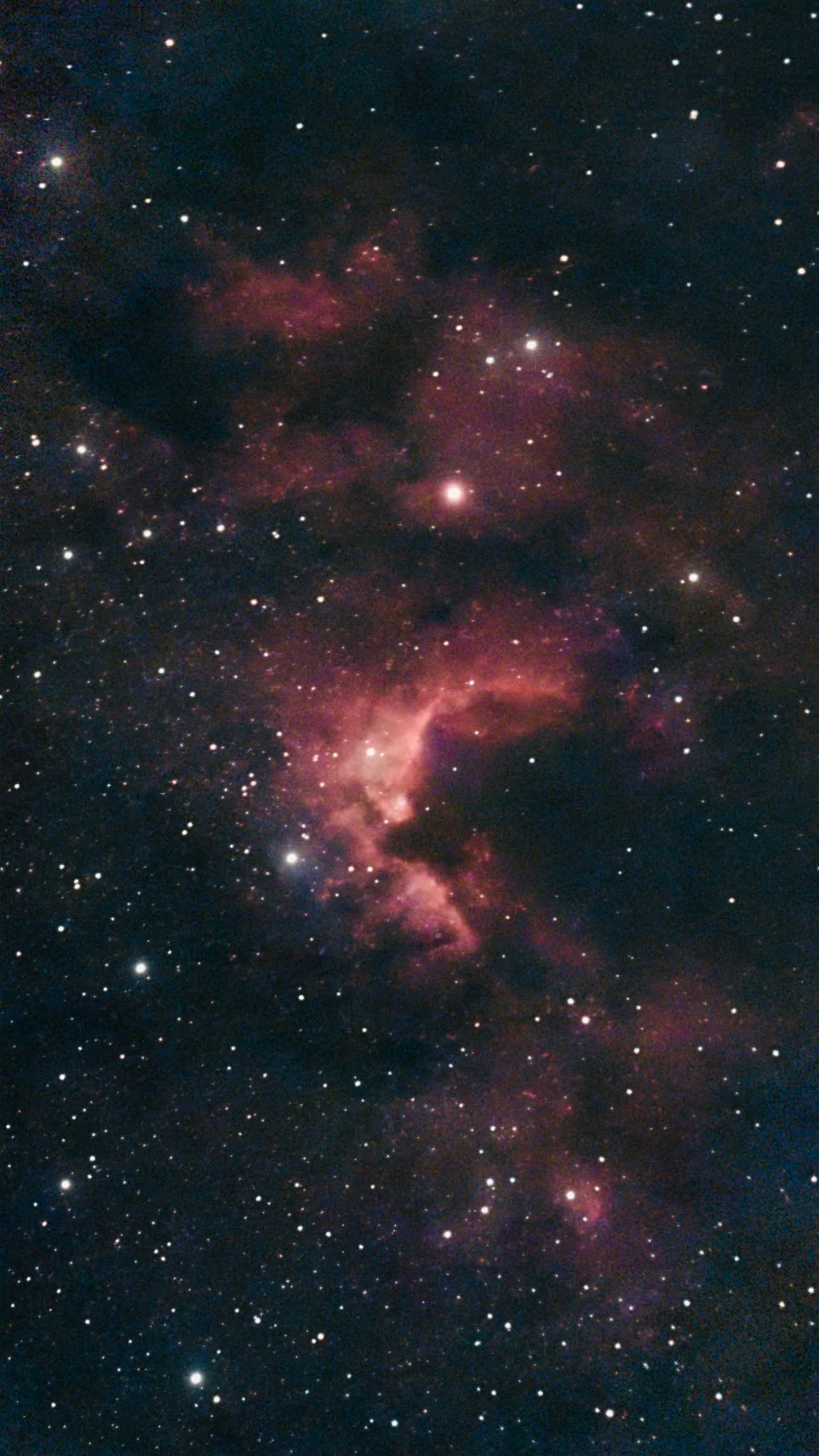 The Cave Nebula: faint red clouds and dark dust in a dense star field