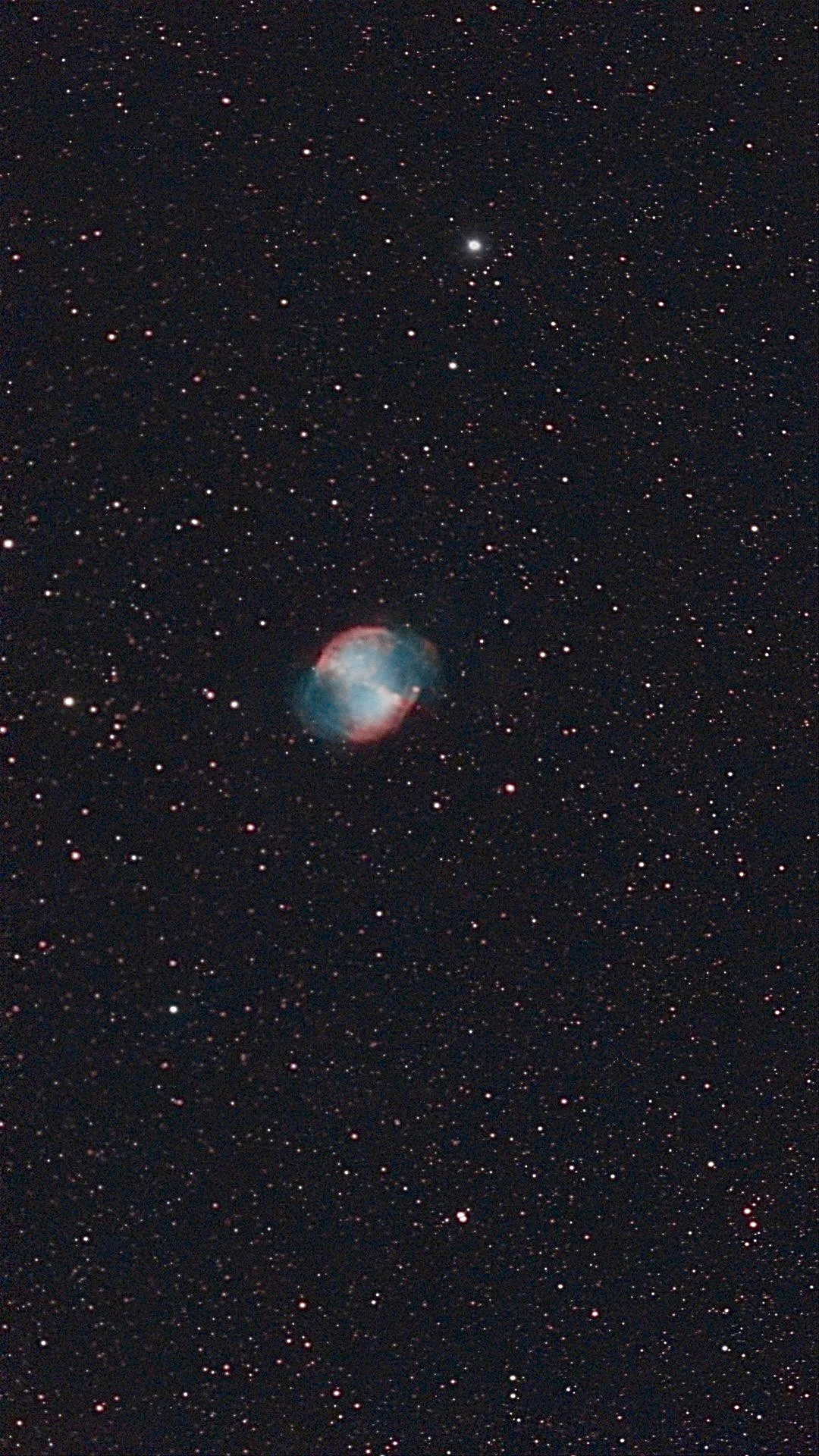 The Dumbbell Nebula: a small blue and red cloud of gas in a field of stars