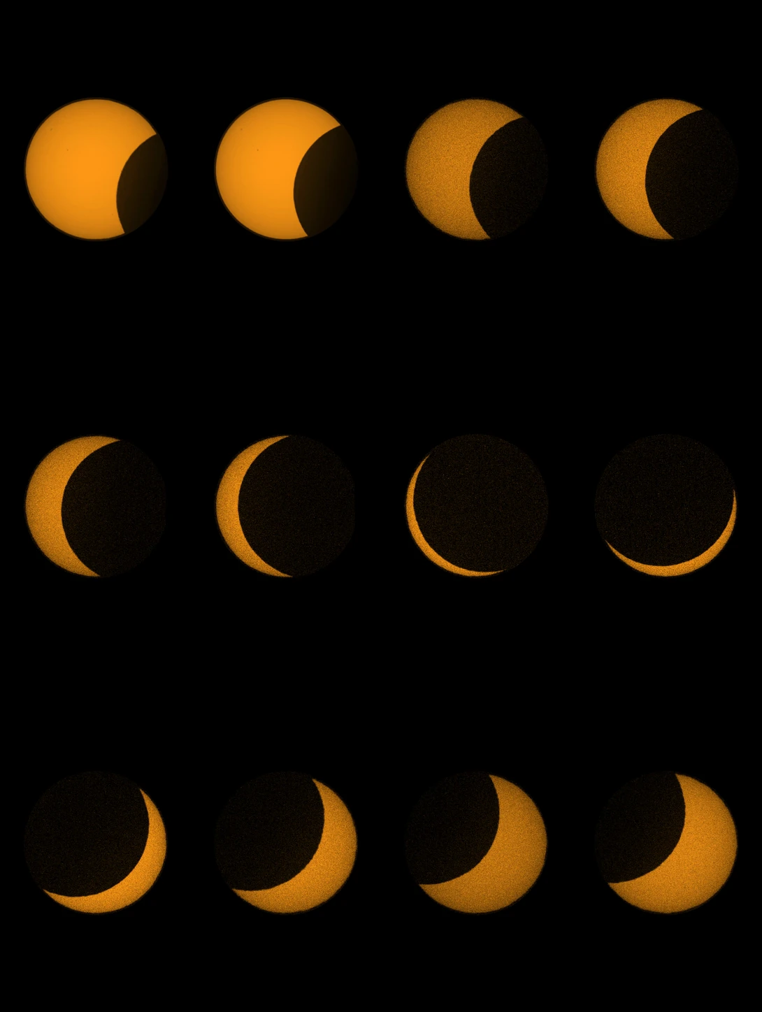 Twelve unmarked frames of the Sun in gold false colour, in three rows, as the Moon's disc crosses it