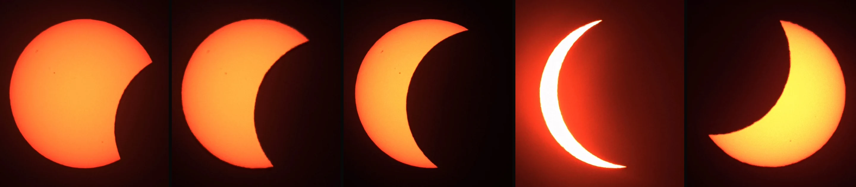 Five photographs of the partially eclipsed Sun in a row: the first bite on the right, a thin white crescent near maximum, and the Moon leaving on the left