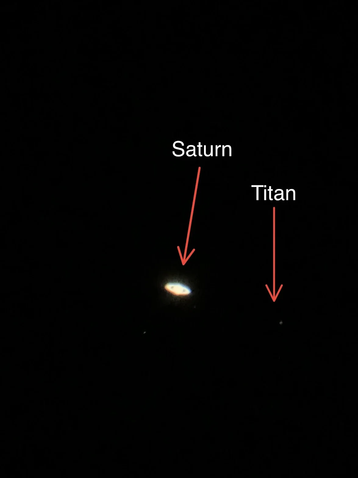 Saturn as a small bright oval and Titan as a faint point to its lower right, each marked with a red arrow and label