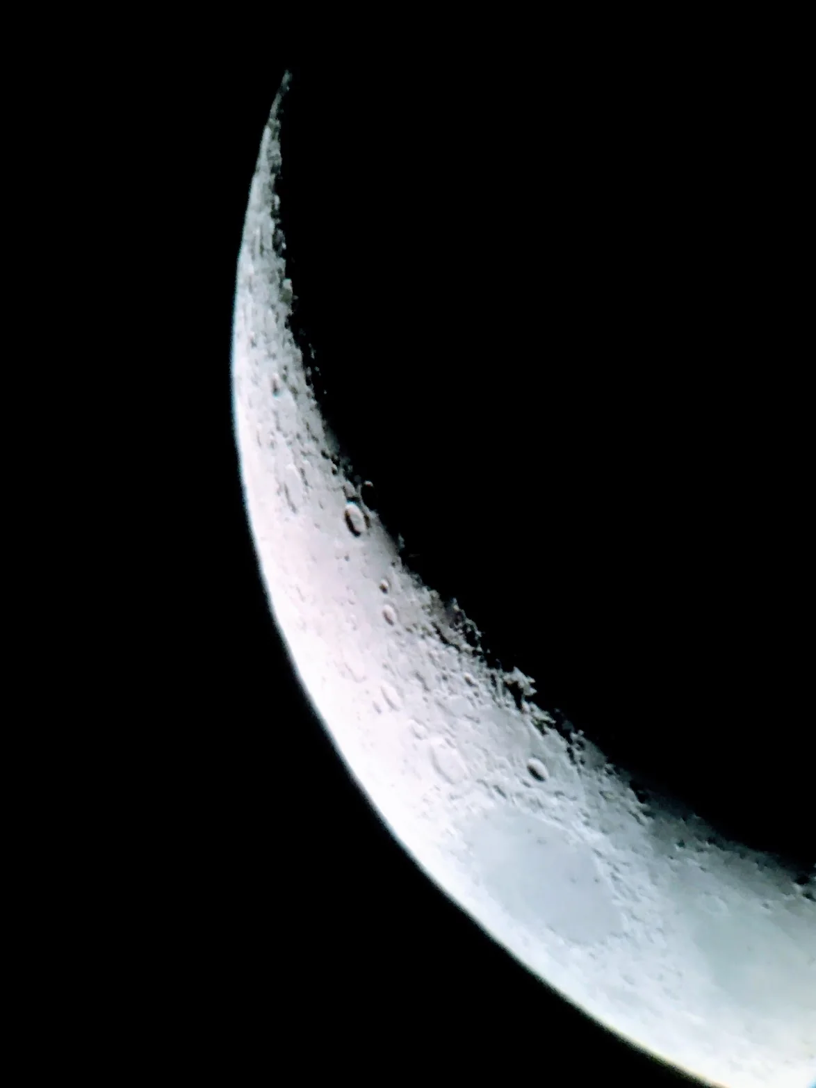 Photograph of a crescent Moon along the terminator