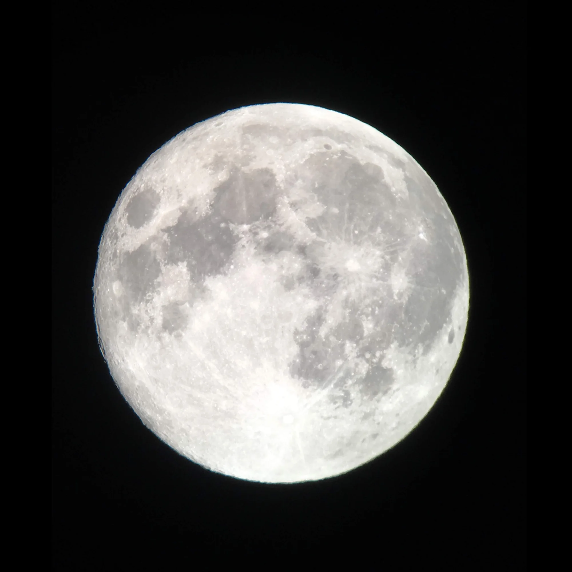A nearly full Moon, its dark maria and bright crater rays sharp against black