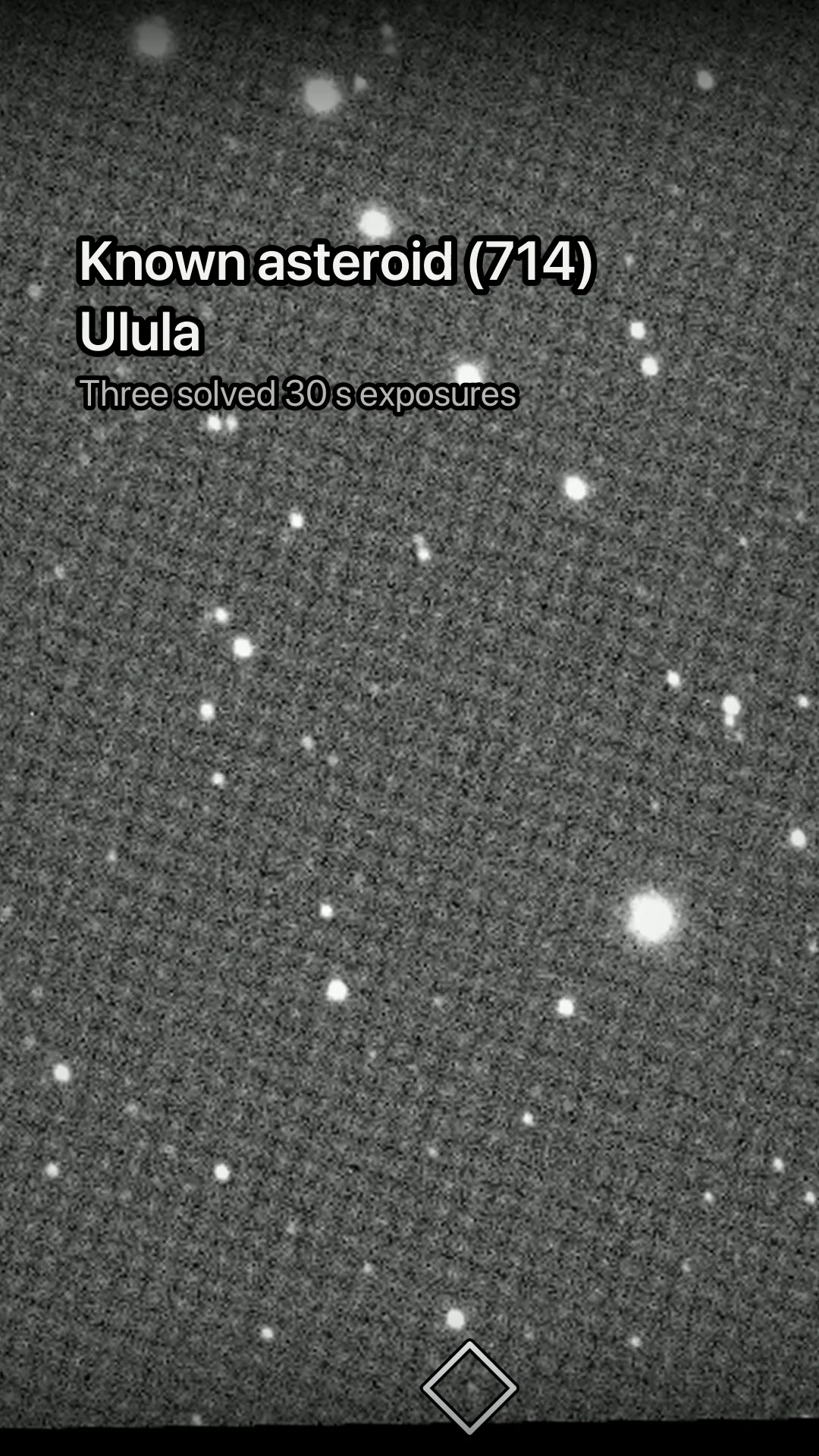 A grainy grey star field headed Known asteroid (714) Ulula, three solved 30 s exposures, with an open diamond at the bottom edge