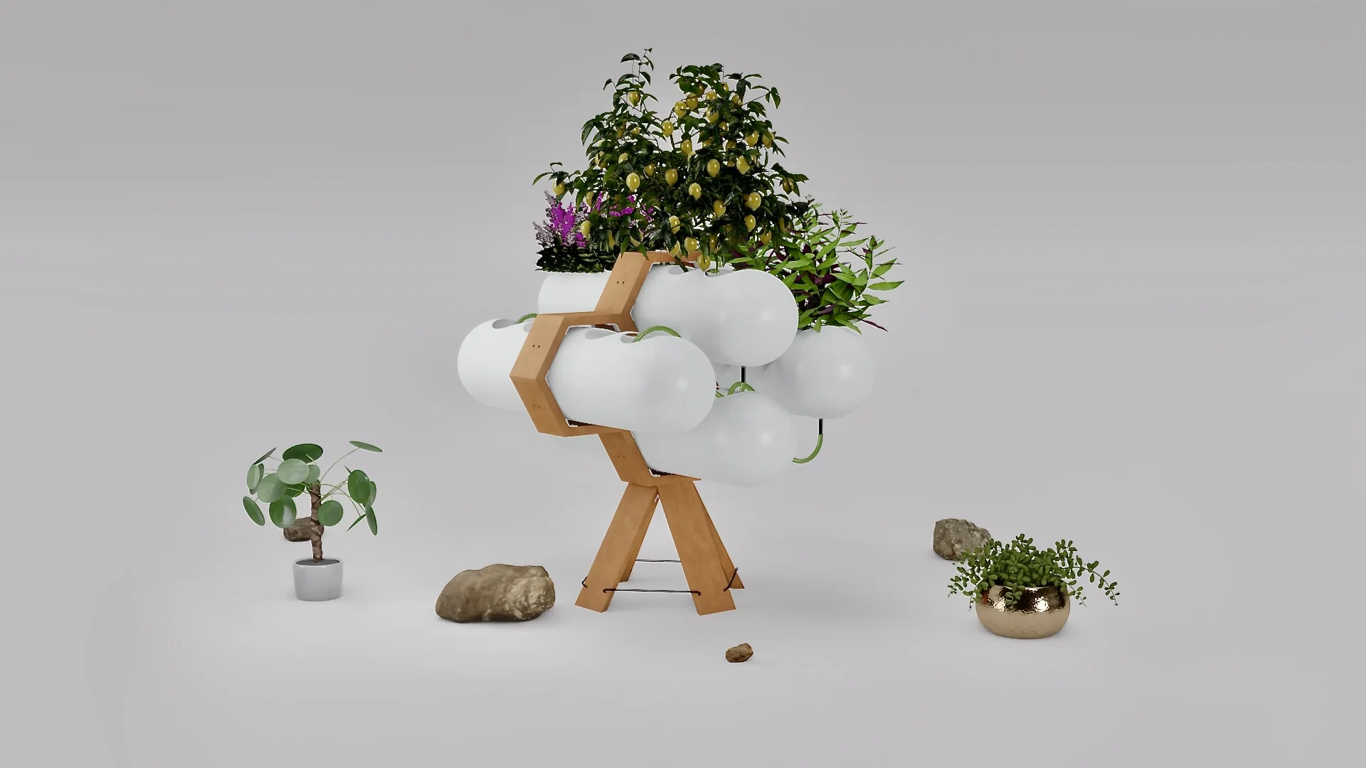 Render of ACCUA: white pods in a pine frame, planted with a lemon tree and flowers, on a pale ground with two potted plants and rocks