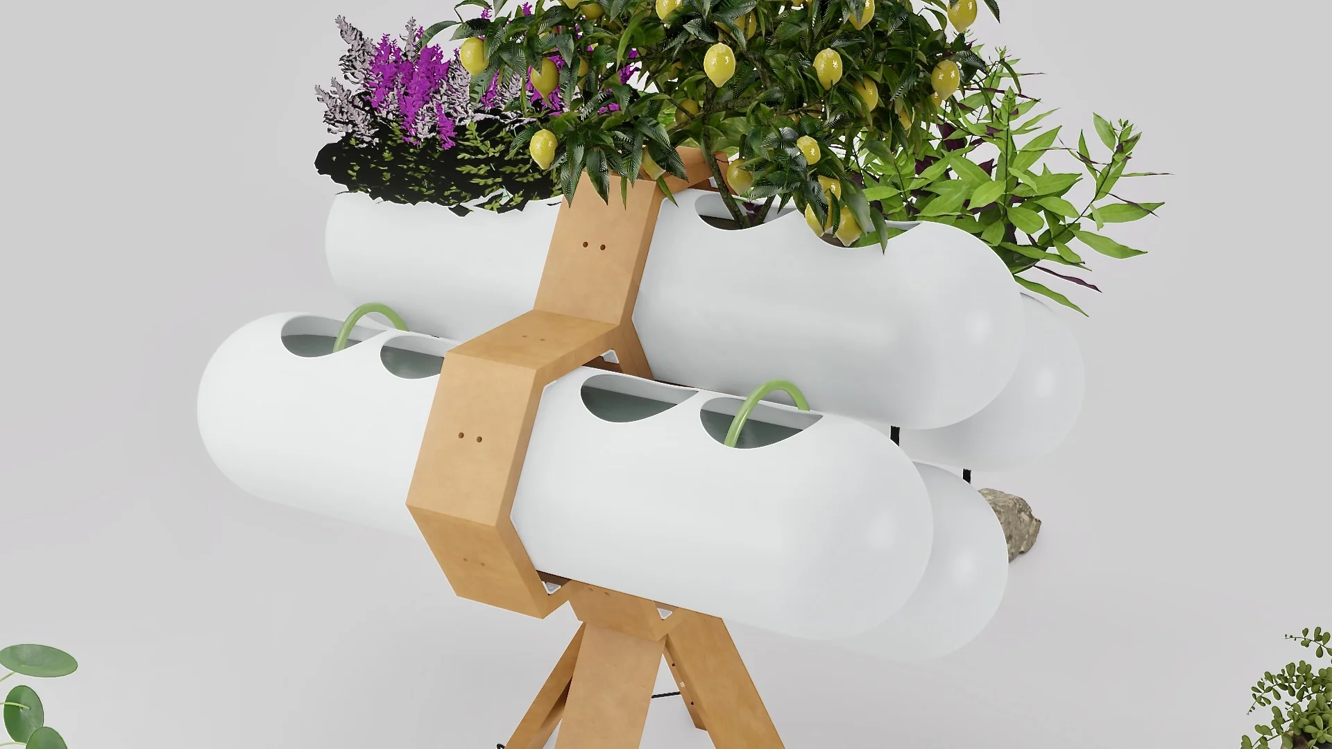 Render of the ACCUA appliance: white pods on a black stand, planted with herbs