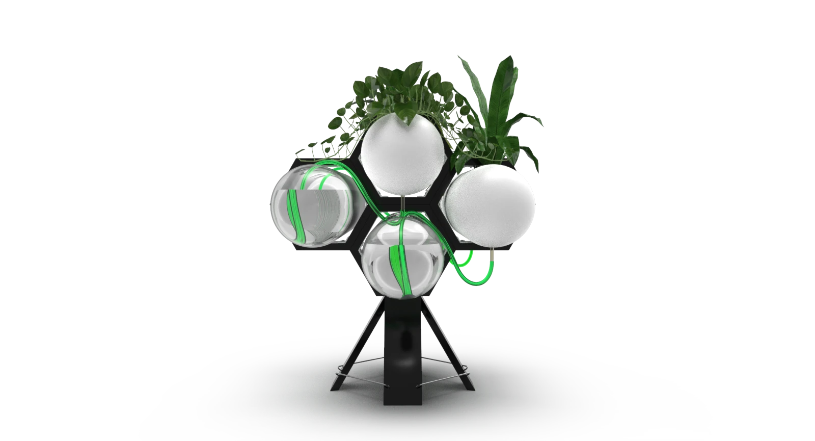 Render of ACCUA with three spherical pods and a green feed line