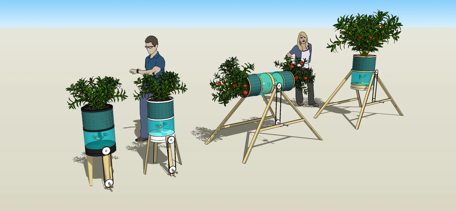 Render of two people tending barrel-sized growing units on wooden trestles