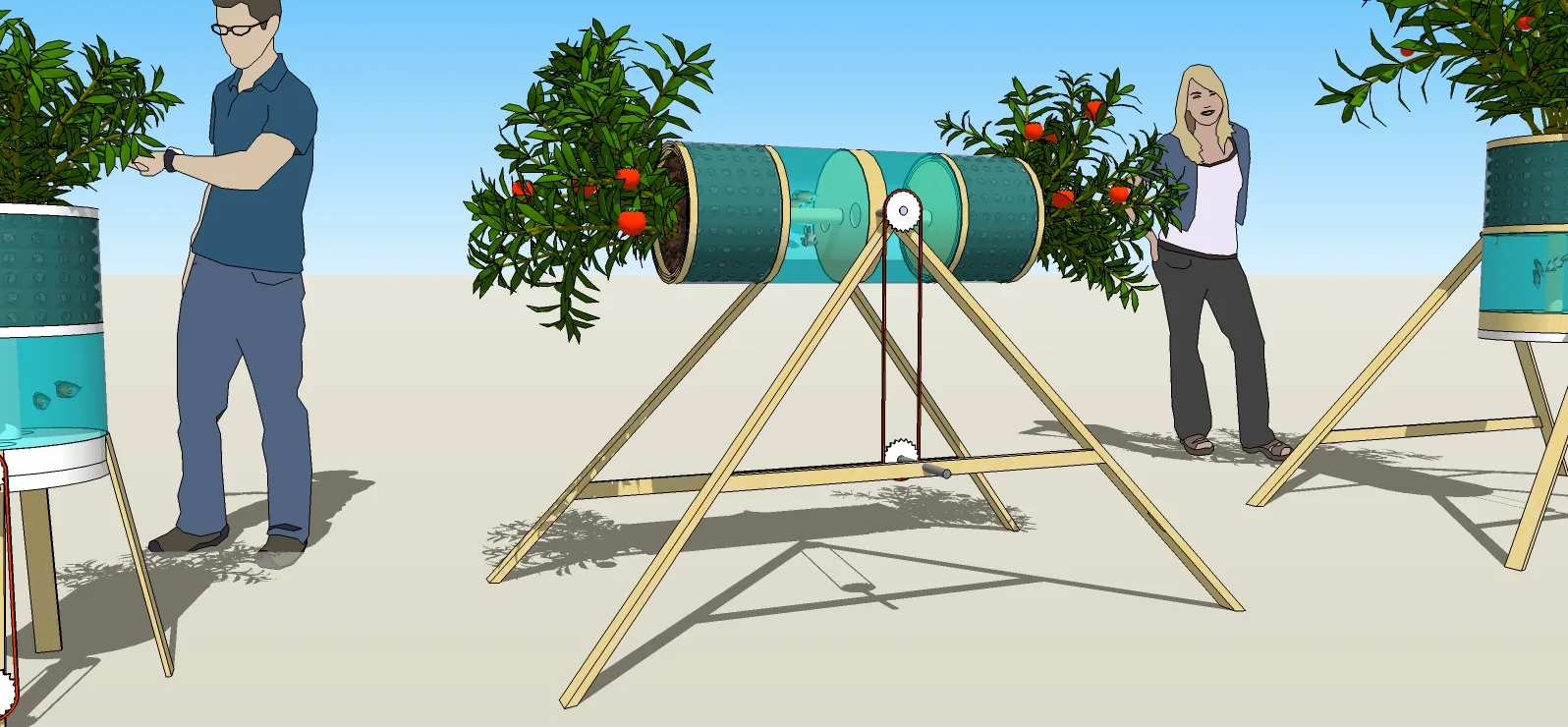 Render of a person harvesting from a barrel-sized growing unit