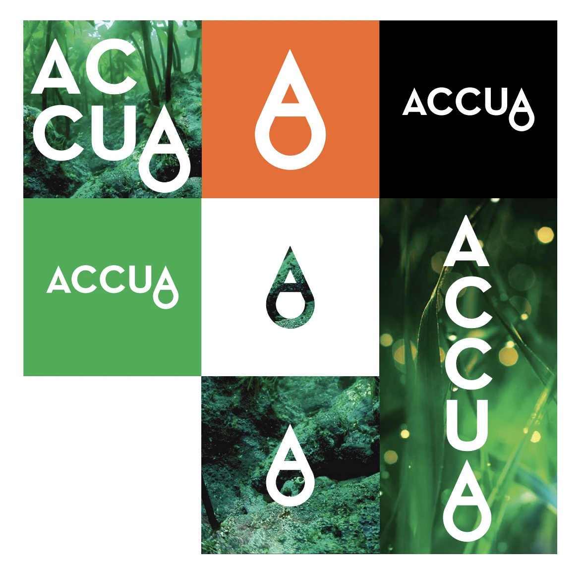 ACCUA brand sheet: the mark in green, orange, black and white, over photographs