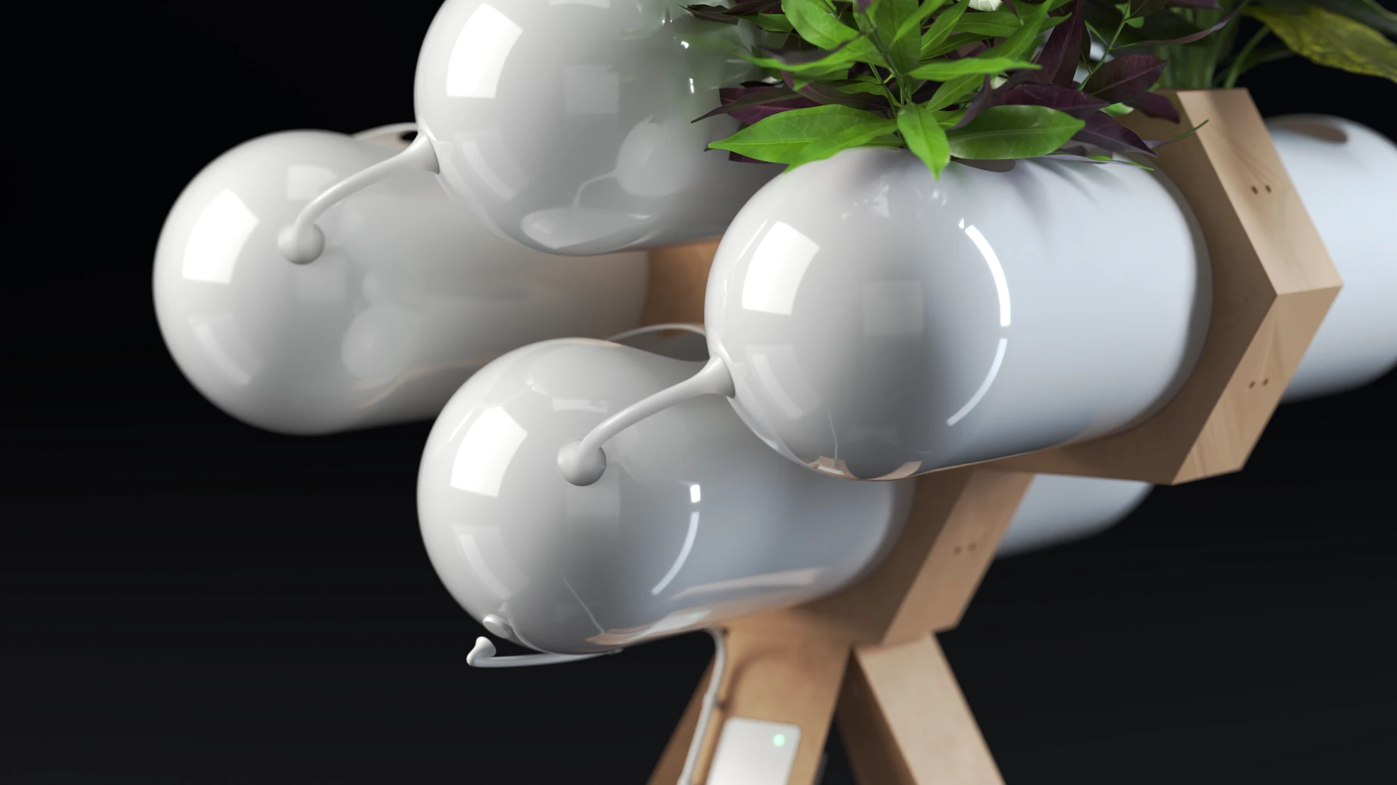 Macro view of the end of a pod in the dark studio: a white silicone hose runs on smoothly into a flared fitting on the dome, with the pine collar behind