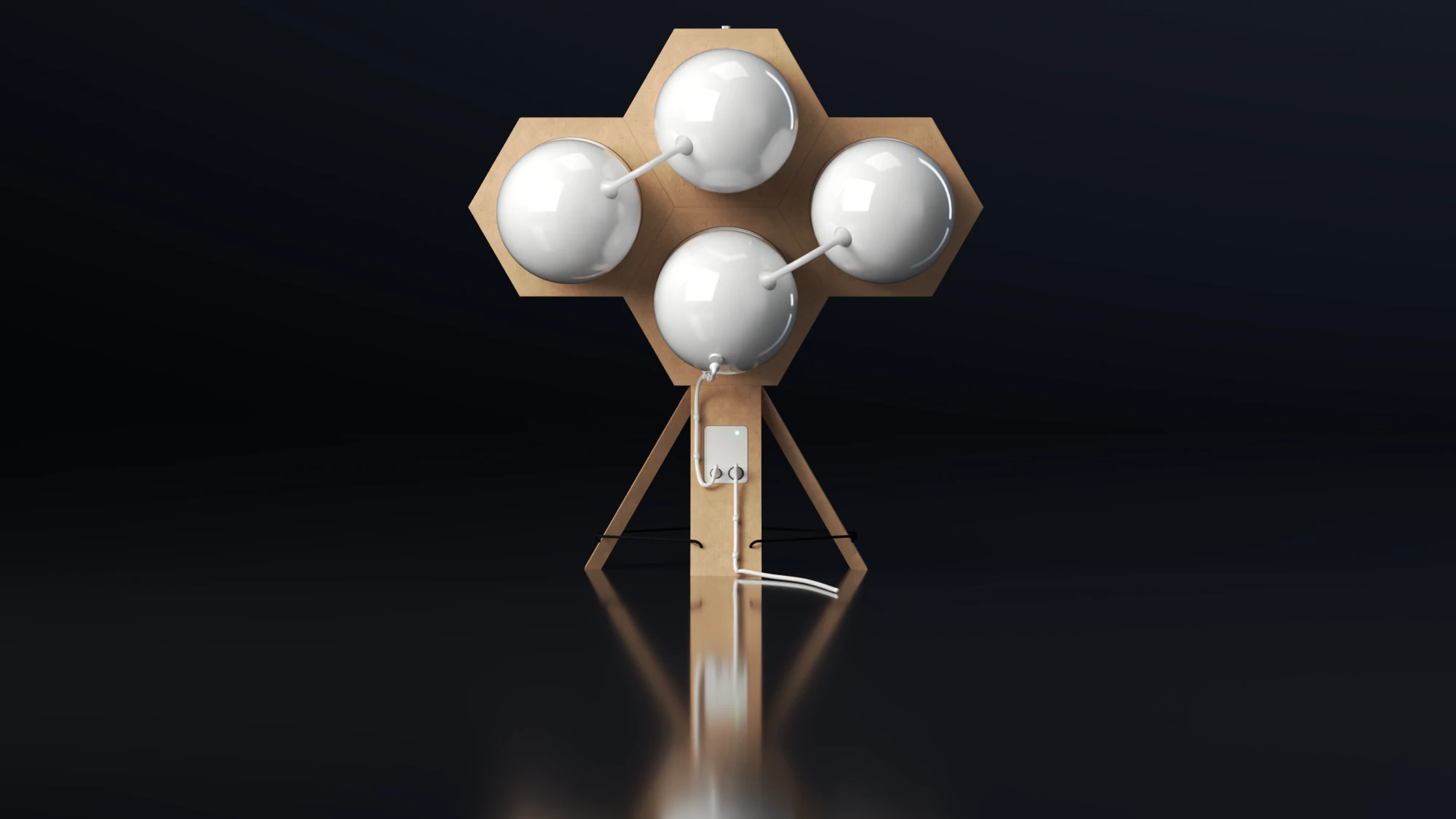 Accua head on, the four pods in four pine hexagons on an A-frame of two legs, over its reflection