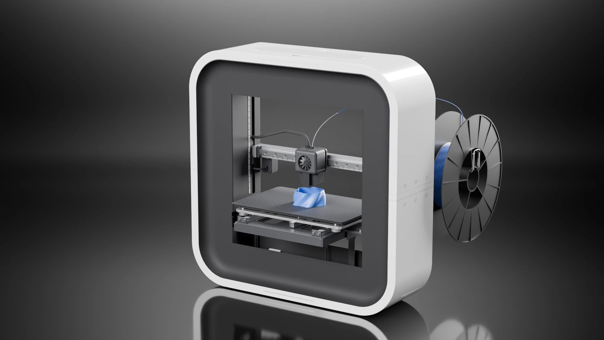 Three-quarter render of the printer from the front right in a dark studio, with a black reel of blue filament on an arm behind it