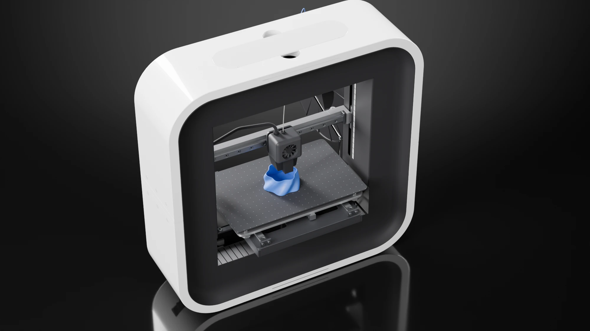 Render of the printer from a high angle, looking down through the window at the plate