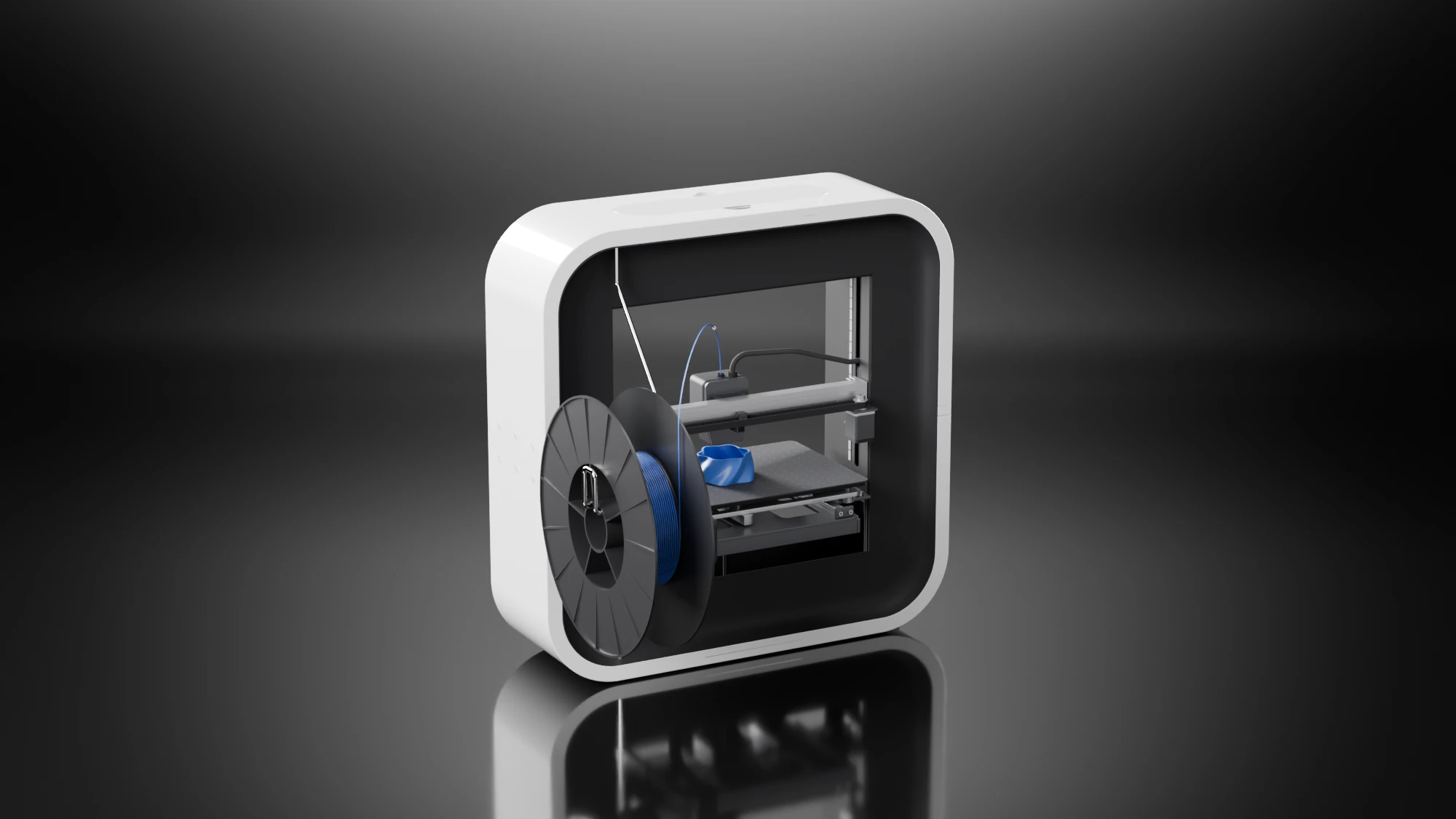 Three-quarter render of the printer from behind, a black reel with blue filament on a bracket at the rear