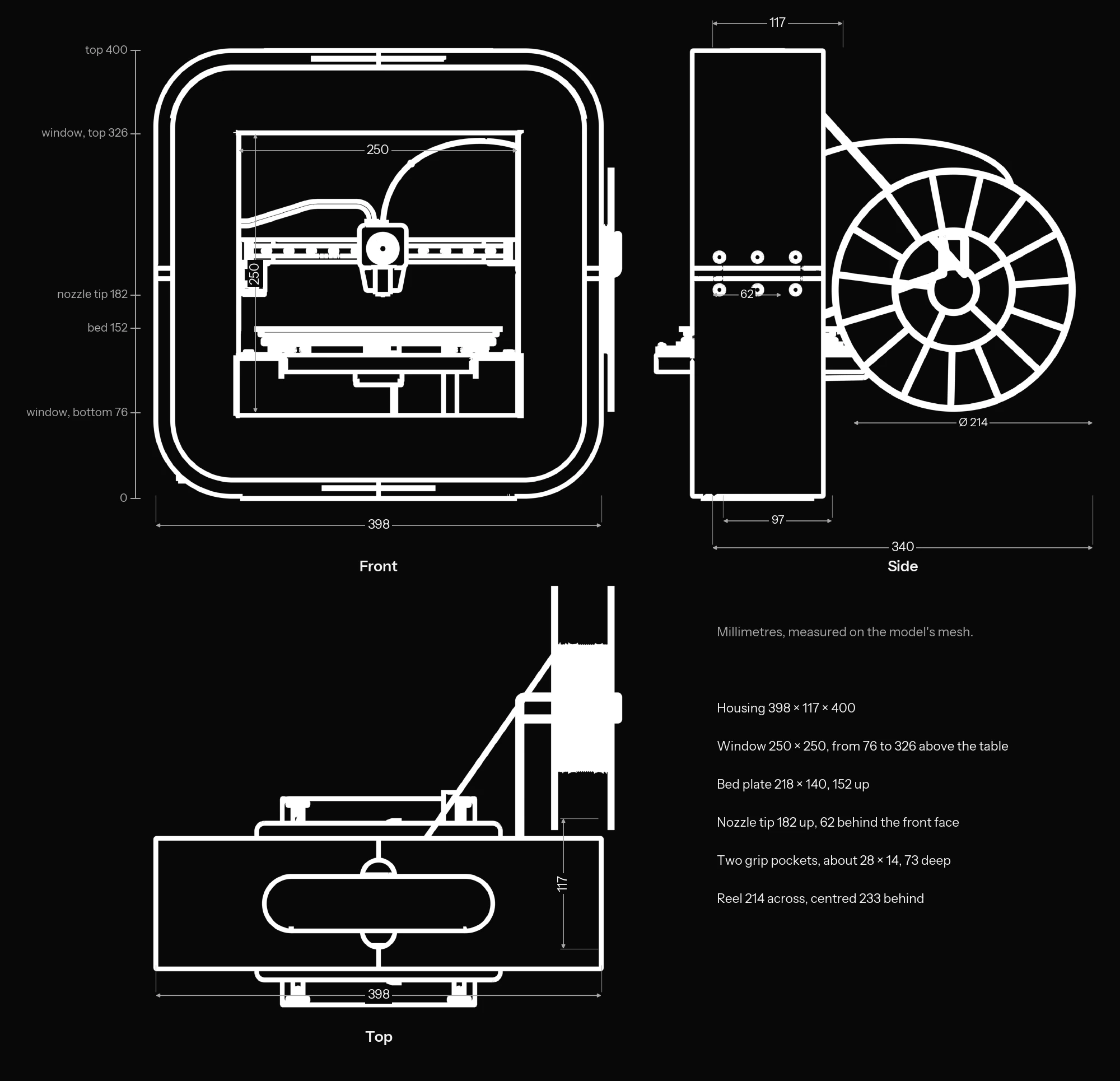 Hidden-line drawings of the printer from the front, the side and the top, with dimensions in millimetres and a list of key measurements