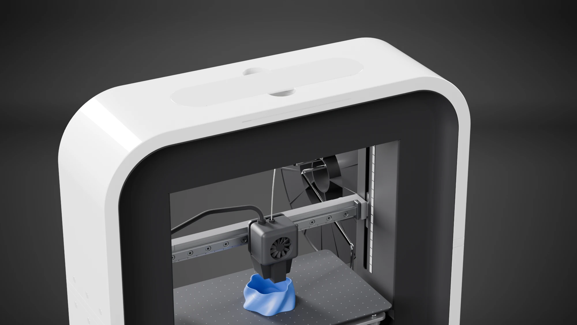 Close-up render of the top of the printer: a pill-shaped bar set flush in the roof with a half-round pocket on each long side