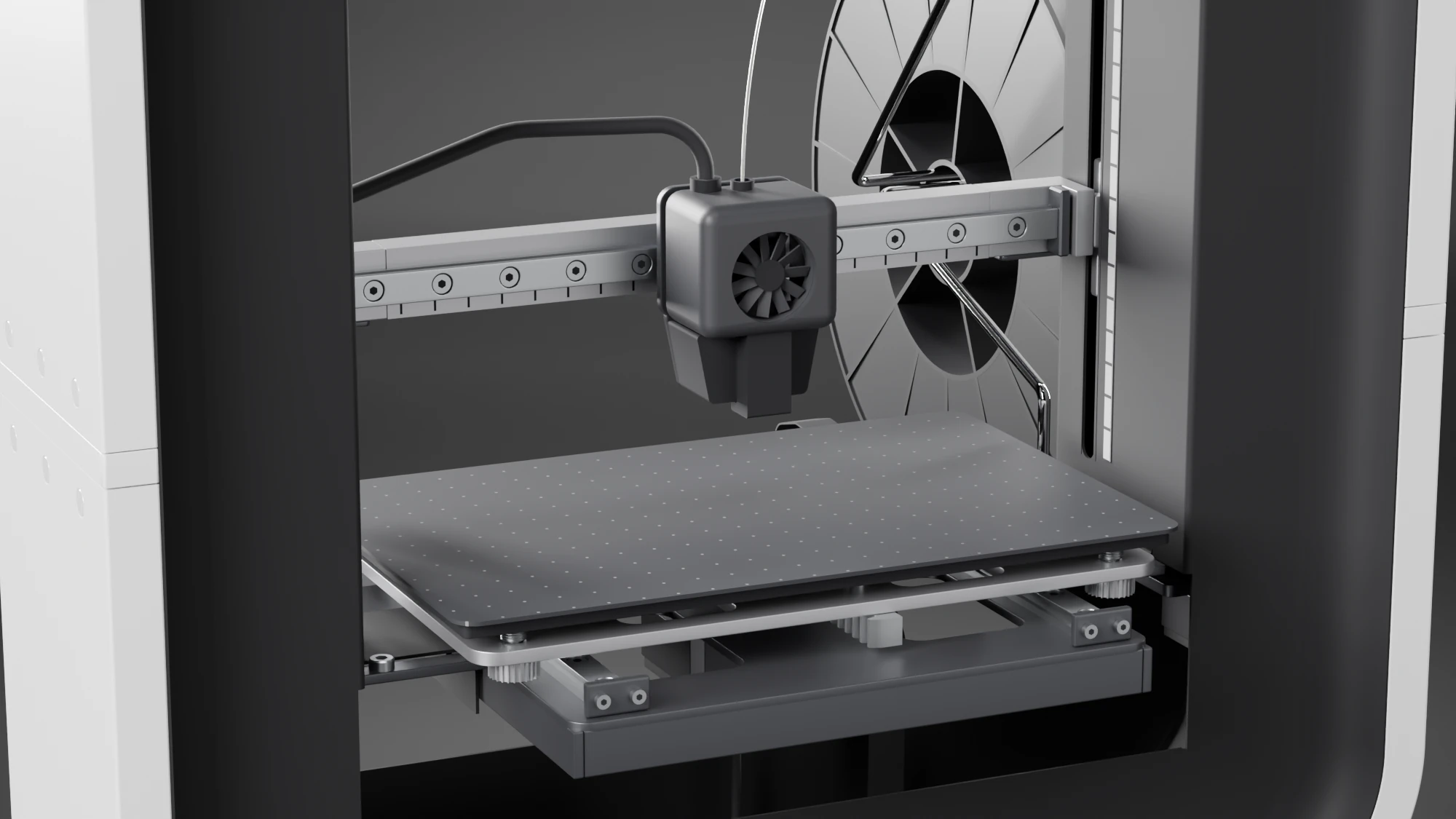 The print system in its print position: the nozzle 30 mm above the plate and the plate reaching past the front of the housing