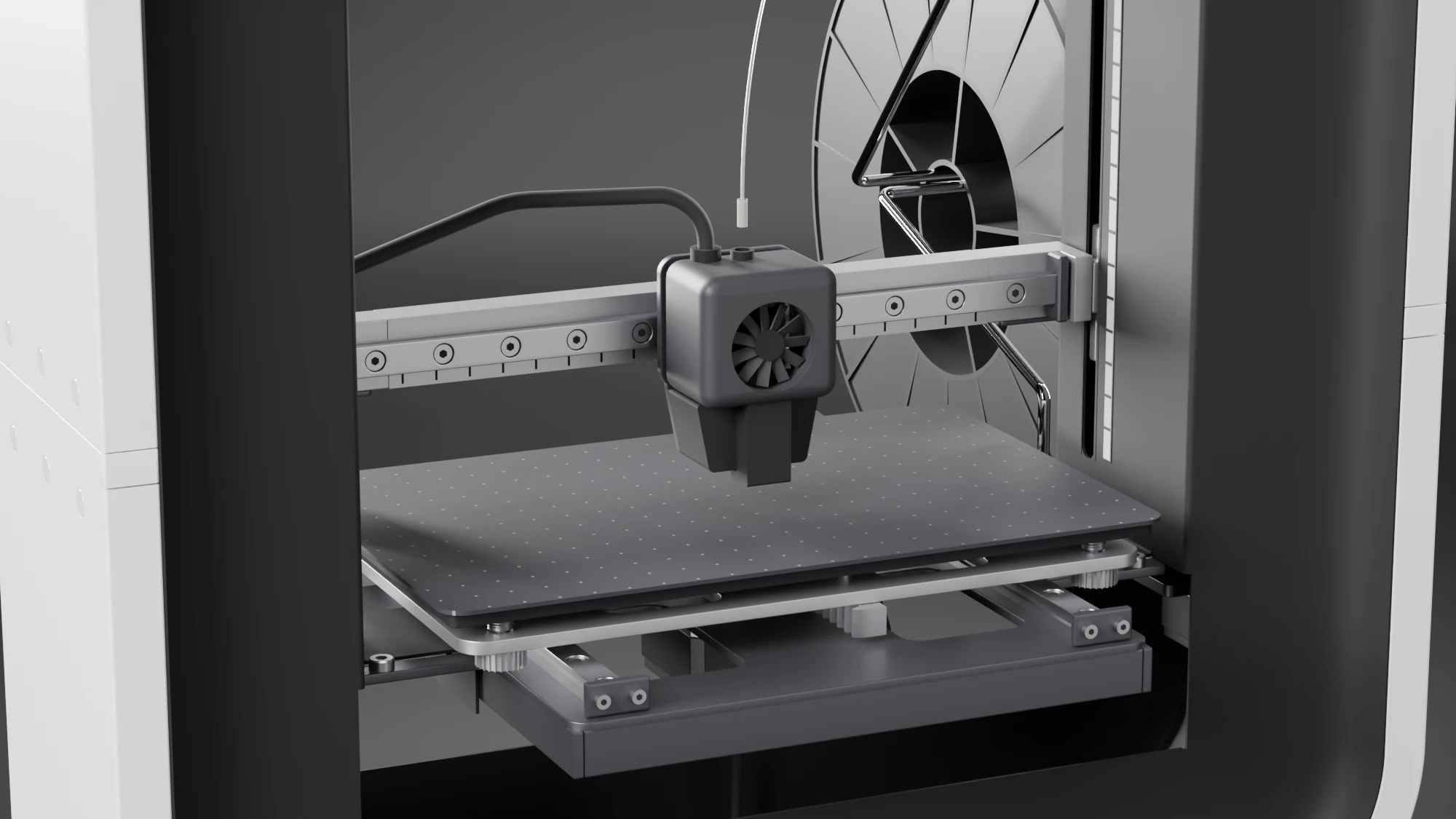 The print system in its travel position: the nozzle lowered to 10 mm above the plate and the plate slid back
