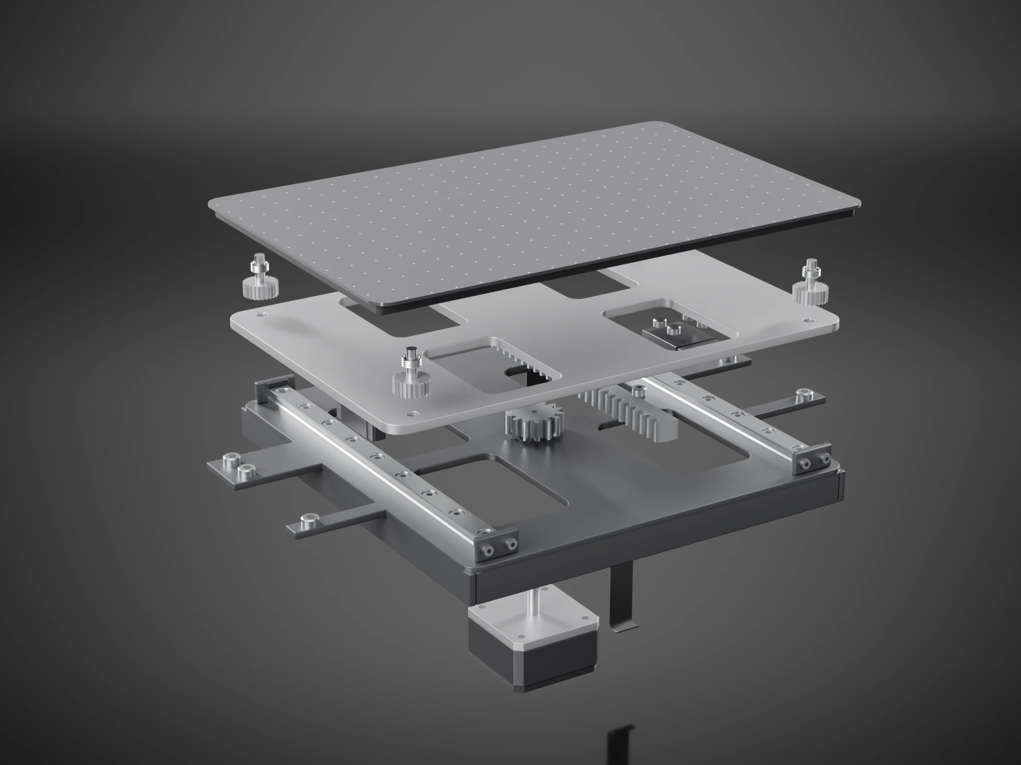 The bed taken apart along its height: the dark plate on top, four levelling screws, the aluminium carrier with four windows, two blocks and a rack, the tray with two rails and a pinion, and a stepper motor below