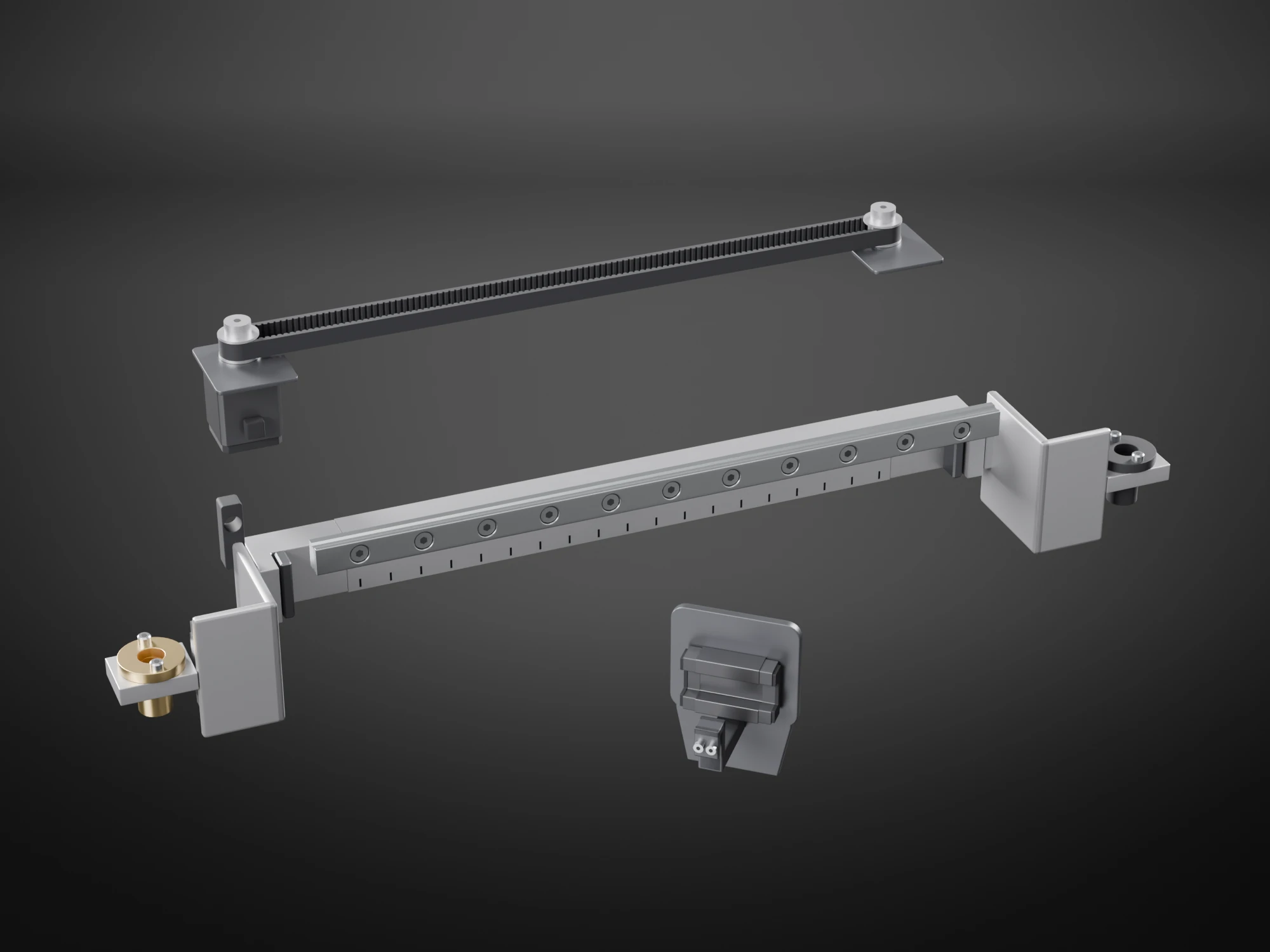 The X axis taken apart: the beam with its two end blocks and tower carriages, the rail lifted off its front, the belt with its pulleys, bracket plates and motor lifted above it, and the carriage turned to show its block, arm and clamp