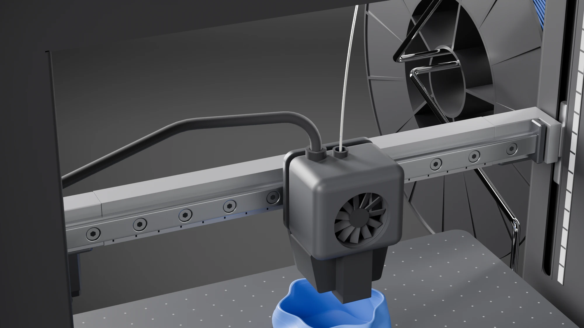 The beam seen from the front and above: a profile rail with sunk screw heads along its front, the head hanging from it, and the printed scale along the lower edge
