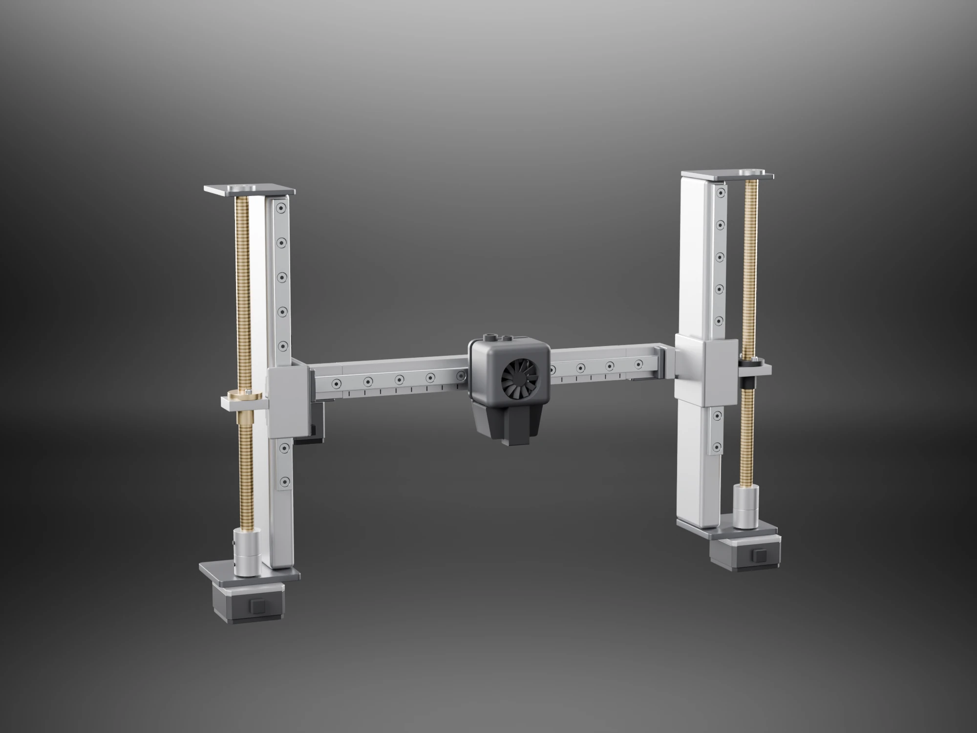 The two Z drives with the beam and the head between them: an aluminium column on each side with a profile rail on its front, a bracket carrying the beam, a brass lead screw beside each column with a coupler at its foot, and a stepper motor under each base plate