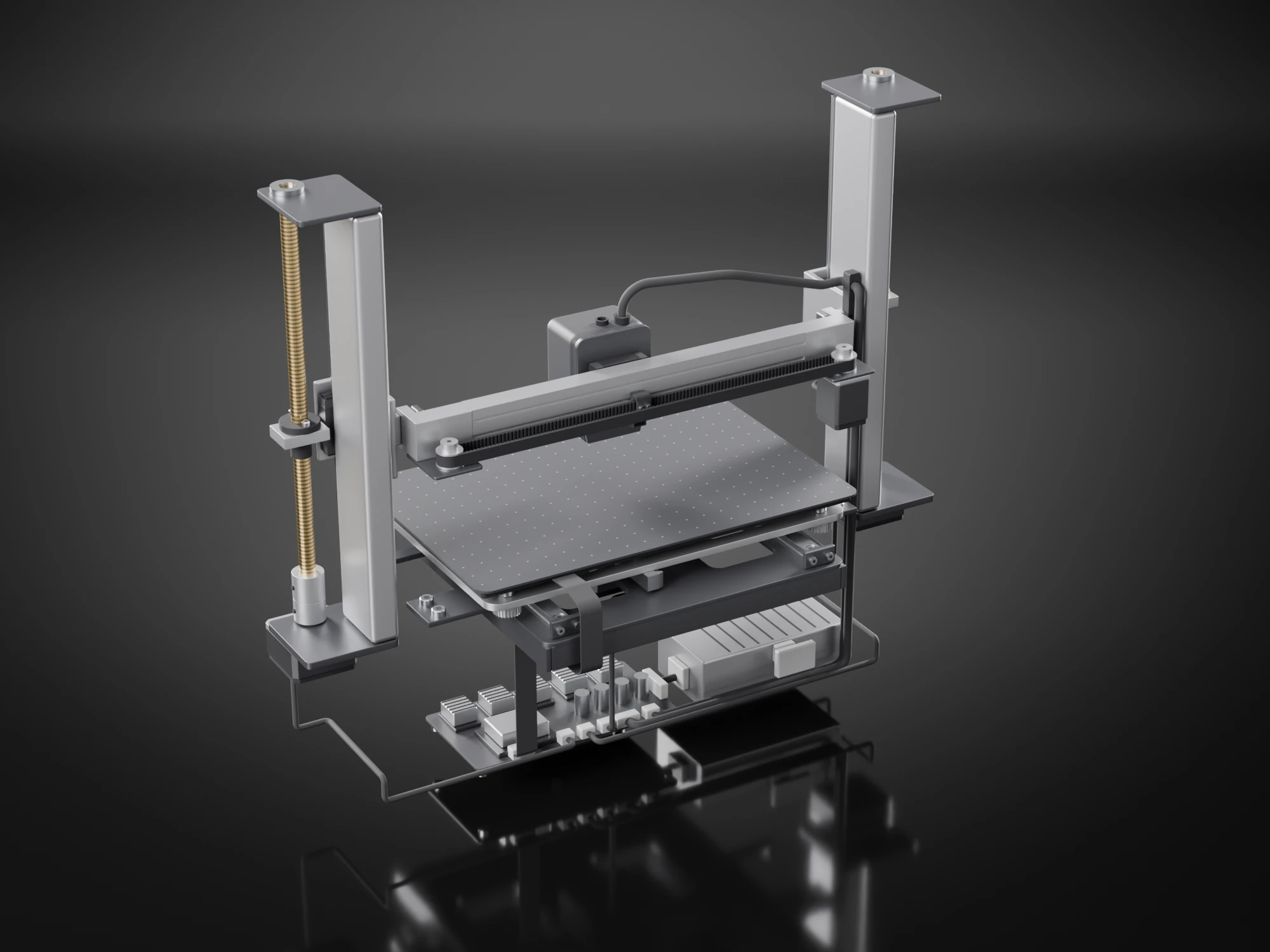 The print system without its housing, seen from behind and the right: the beam with a black cable running from the head to the left wall, a flat cable behind the bed, and a board and a power supply on the floor with cables running along it